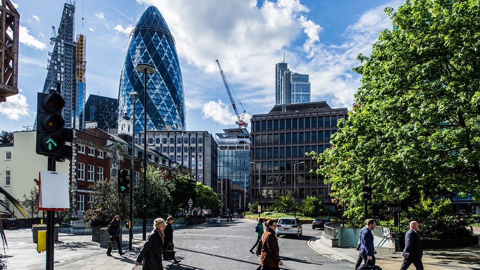 The outside of 30 Saint Mary Axe, the Gherkin, which was built by Skanska